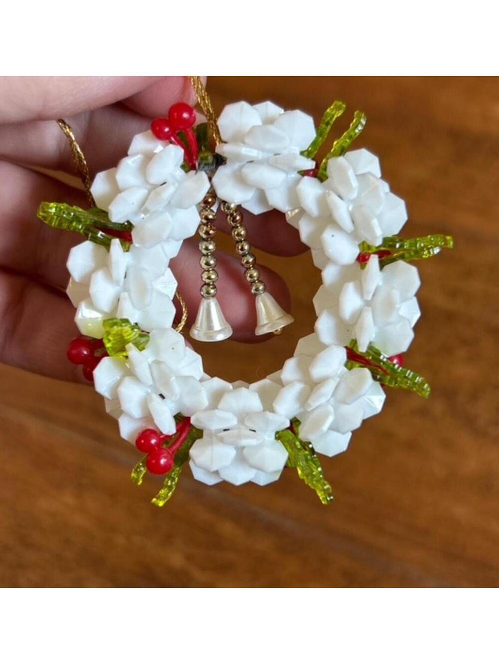Vintage White Beaded Christmas Wreath Ornament with Bells